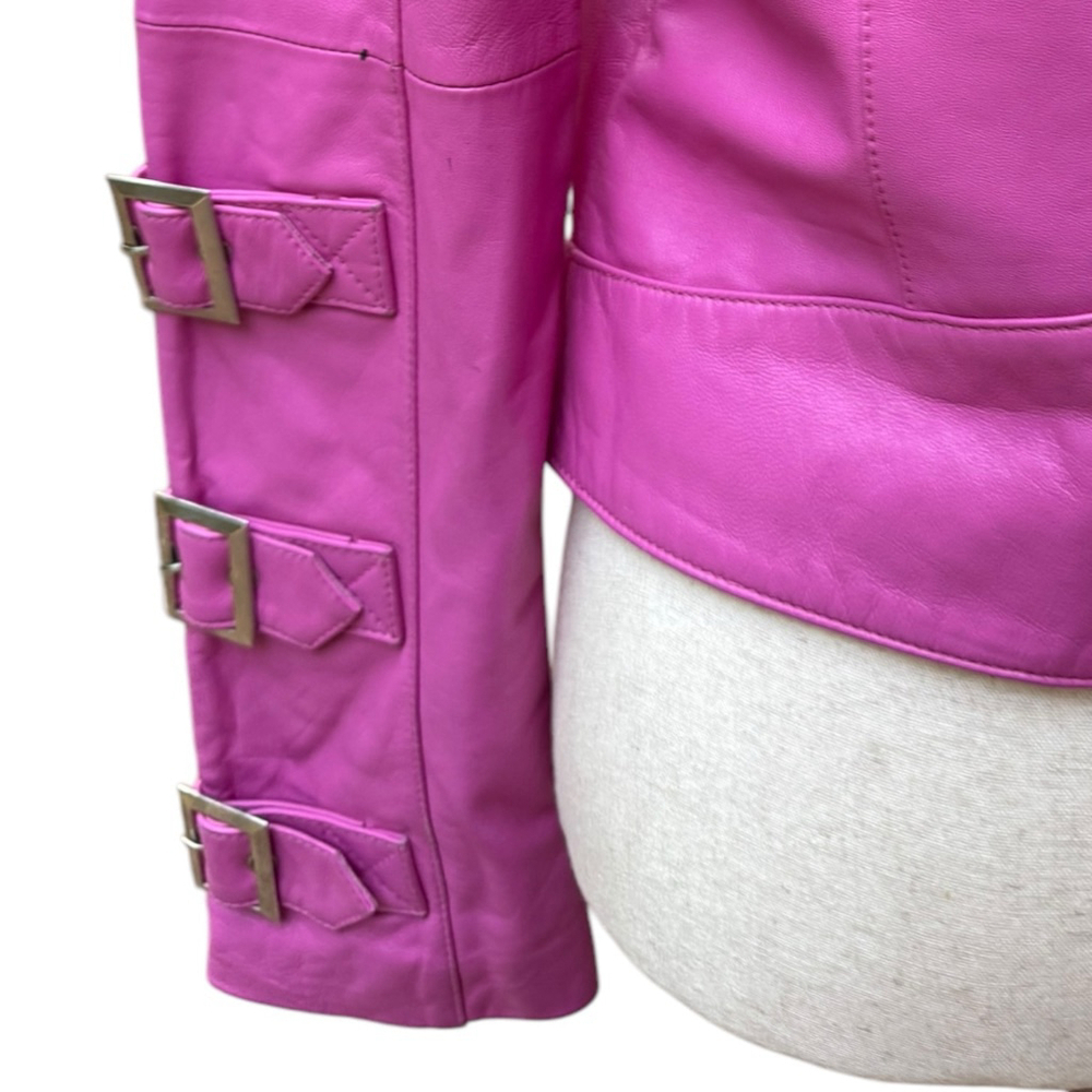 Fuchsia Pink Leather Moto Jacket São Paulo Size 6 – Cropped Buckle Sleeve Biker - Picture 6 of 15